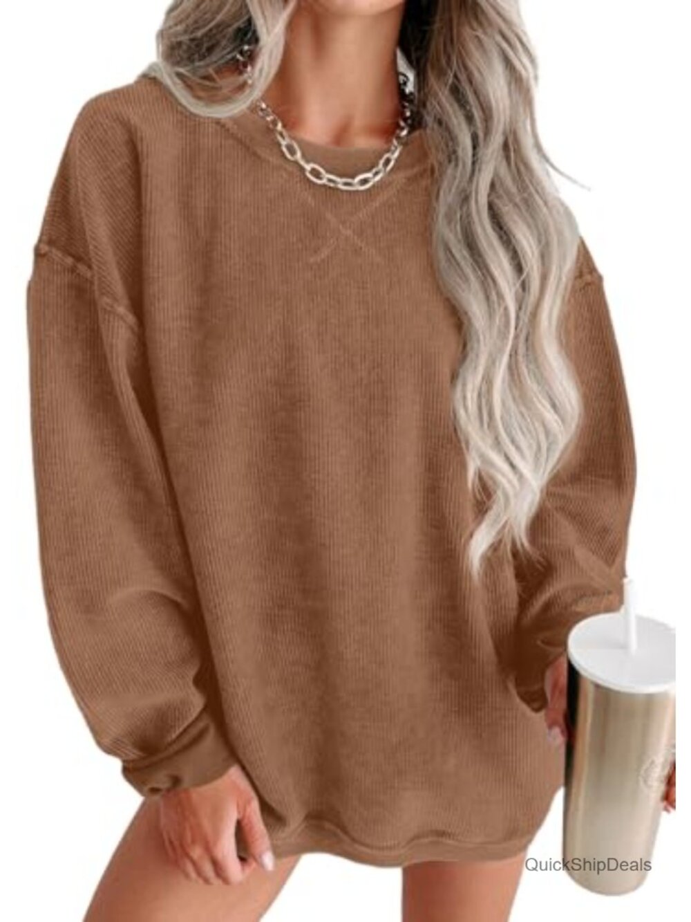 Womens Oversized Crewneck Corduroy Sweatshirt Pullover Long Sleeve Top